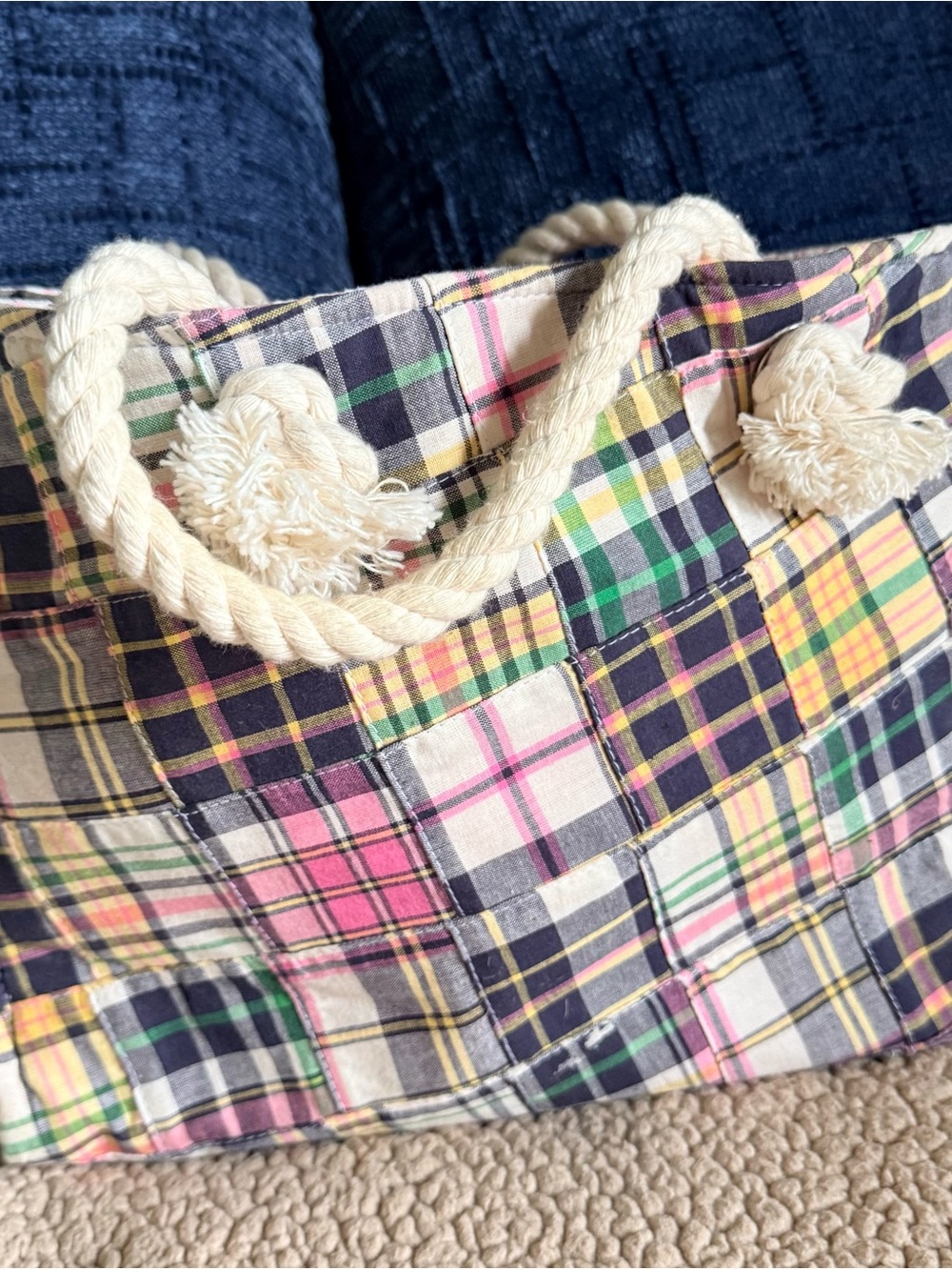 Plaid Patchwork Tote Bag with Rope Handles - Multicolor - Picture 3 of 5